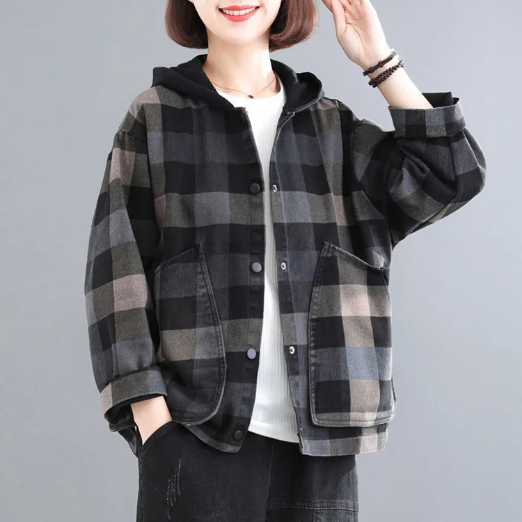 Amax luluE 2025 New Autumn Style Plaid Printed Jackets Hooded Woman Pockets Vintage Clothing Ladies Loose Casual Buttons Coats