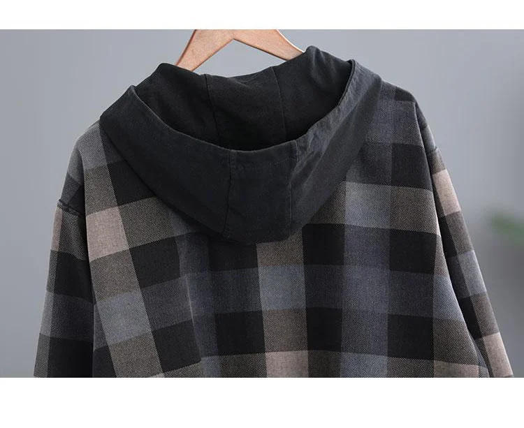 Amax luluE 2025 New Autumn Style Plaid Printed Jackets Hooded Woman Pockets Vintage Clothing Ladies Loose Casual Buttons Coats