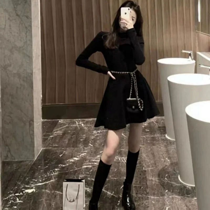 Xpqbb Women Elegant Waist-Tight Mini Dress 2025 Autumn Winter Long Sleeve Slim Dresses Woman Korean Fashion Party Pleated Dress