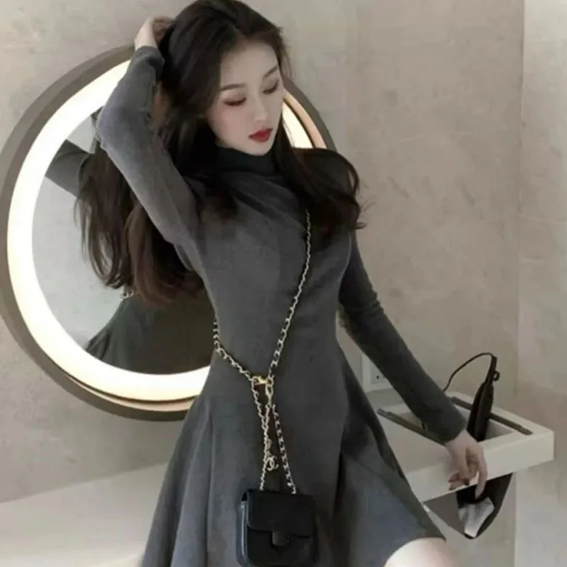 Xpqbb Women Elegant Waist-Tight Mini Dress 2025 Autumn Winter Long Sleeve Slim Dresses Woman Korean Fashion Party Pleated Dress