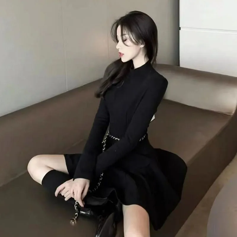 Xpqbb Women Elegant Waist-Tight Mini Dress 2025 Autumn Winter Long Sleeve Slim Dresses Woman Korean Fashion Party Pleated Dress
