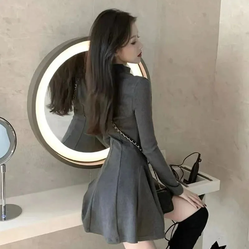 Xpqbb Women Elegant Waist-Tight Mini Dress 2025 Autumn Winter Long Sleeve Slim Dresses Woman Korean Fashion Party Pleated Dress