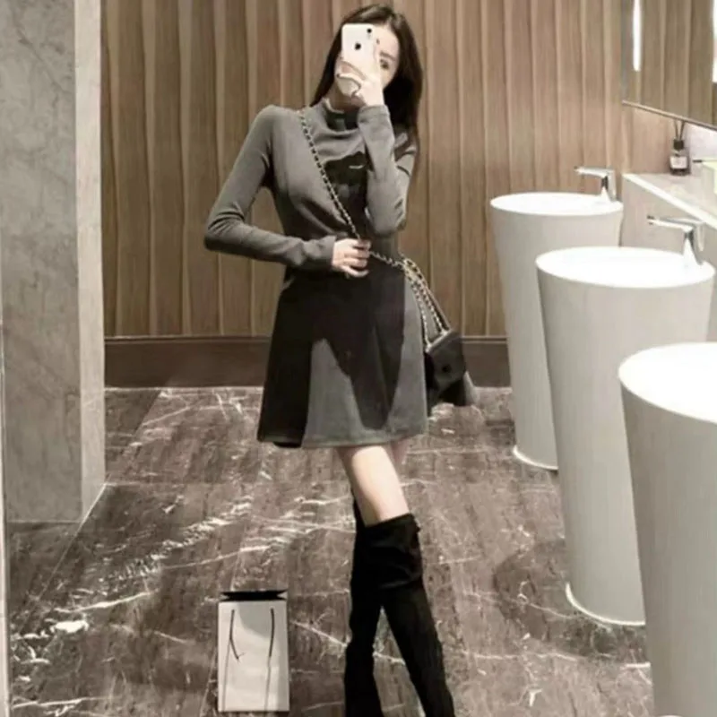 Xpqbb Women Elegant Waist-Tight Mini Dress 2025 Autumn Winter Long Sleeve Slim Dresses Woman Korean Fashion Party Pleated Dress
