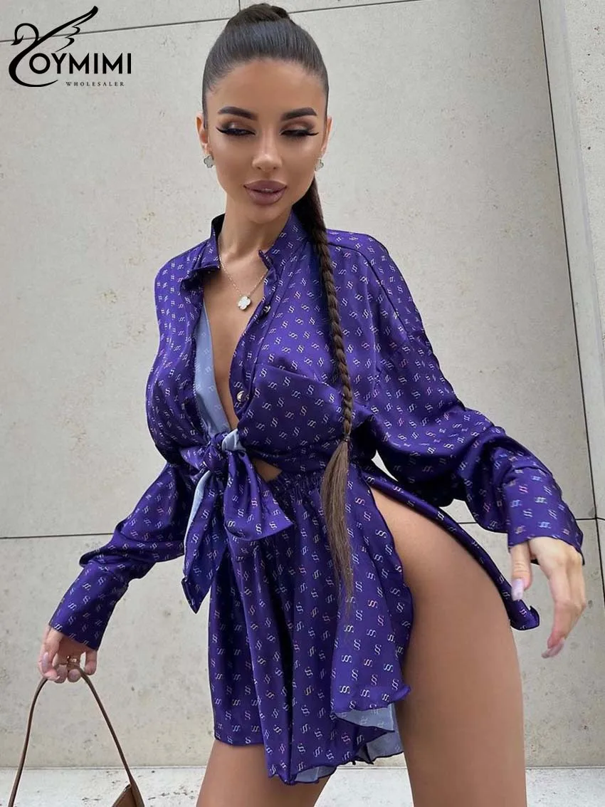 Oymimi Elegant White Print Sets For Women 2 Pieces Fashion Lapel Long Sleeve Button Shirts And High Waisted Side Slit Shorts Set