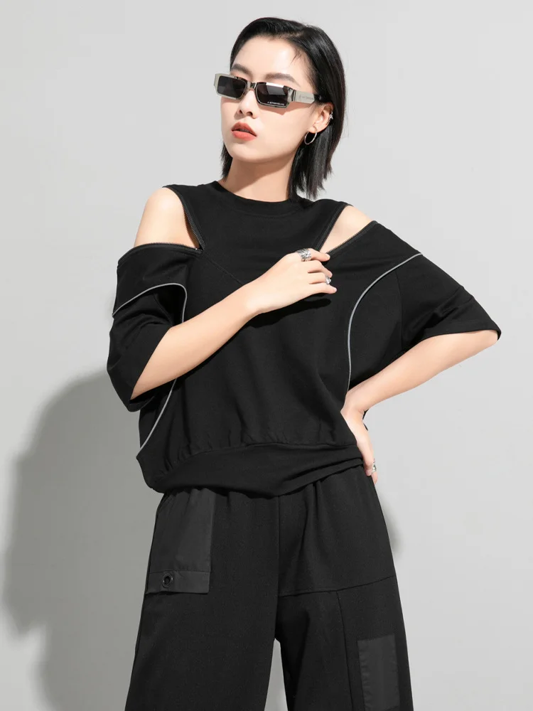 Amax luluE European 2025 Fashion Streetwear Women Sexy Off Shoulder Black Tees Casual Short Sleeve Tshirts Female Oversized Tops