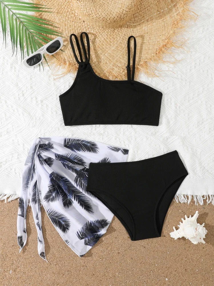Girls Bikini Swimsuit 2026 New Solid Sling Bikinis Set Children Swimwear High Waist Three Piece Beach Bathing Suit Kids Swimming