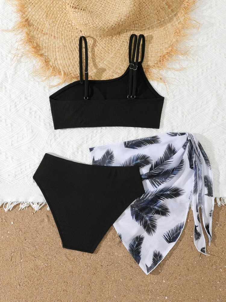 Girls Bikini Swimsuit 2026 New Solid Sling Bikinis Set Children Swimwear High Waist Three Piece Beach Bathing Suit Kids Swimming