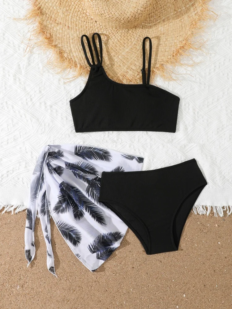 Girls Bikini Swimsuit 2026 New Solid Sling Bikinis Set Children Swimwear High Waist Three Piece Beach Bathing Suit Kids Swimming