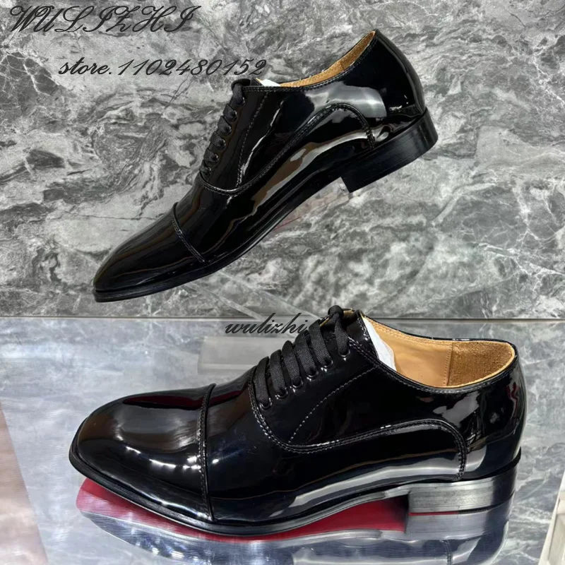 Men Party Gentleman's Flats Leather Black Square Toe Lace Elegant Basic Loafers Spring Wedding Red Glossy Oxfords Solid Sneakers