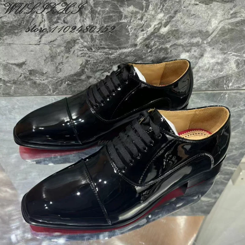 Men Party Gentleman's Flats Leather Black Square Toe Lace Elegant Basic Loafers Spring Wedding Red Glossy Oxfords Solid Sneakers
