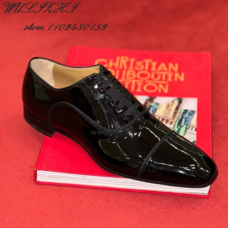 Men Party Gentleman's Flats Leather Black Square Toe Lace Elegant Basic Loafers Spring Wedding Red Glossy Oxfords Solid Sneakers