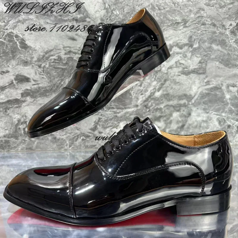 Men Party Gentleman's Flats Leather Black Square Toe Lace Elegant Basic Loafers Spring Wedding Red Glossy Oxfords Solid Sneakers