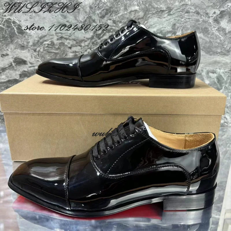 Men Party Gentleman's Flats Leather Black Square Toe Lace Elegant Basic Loafers Spring Wedding Red Glossy Oxfords Solid Sneakers