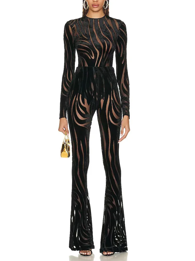 New Celebrity Bodycon Bandage Jumpsuit Fashion Sexy O-Neck Black Women Evening Club Party Dress Casual Flare Pant Suits