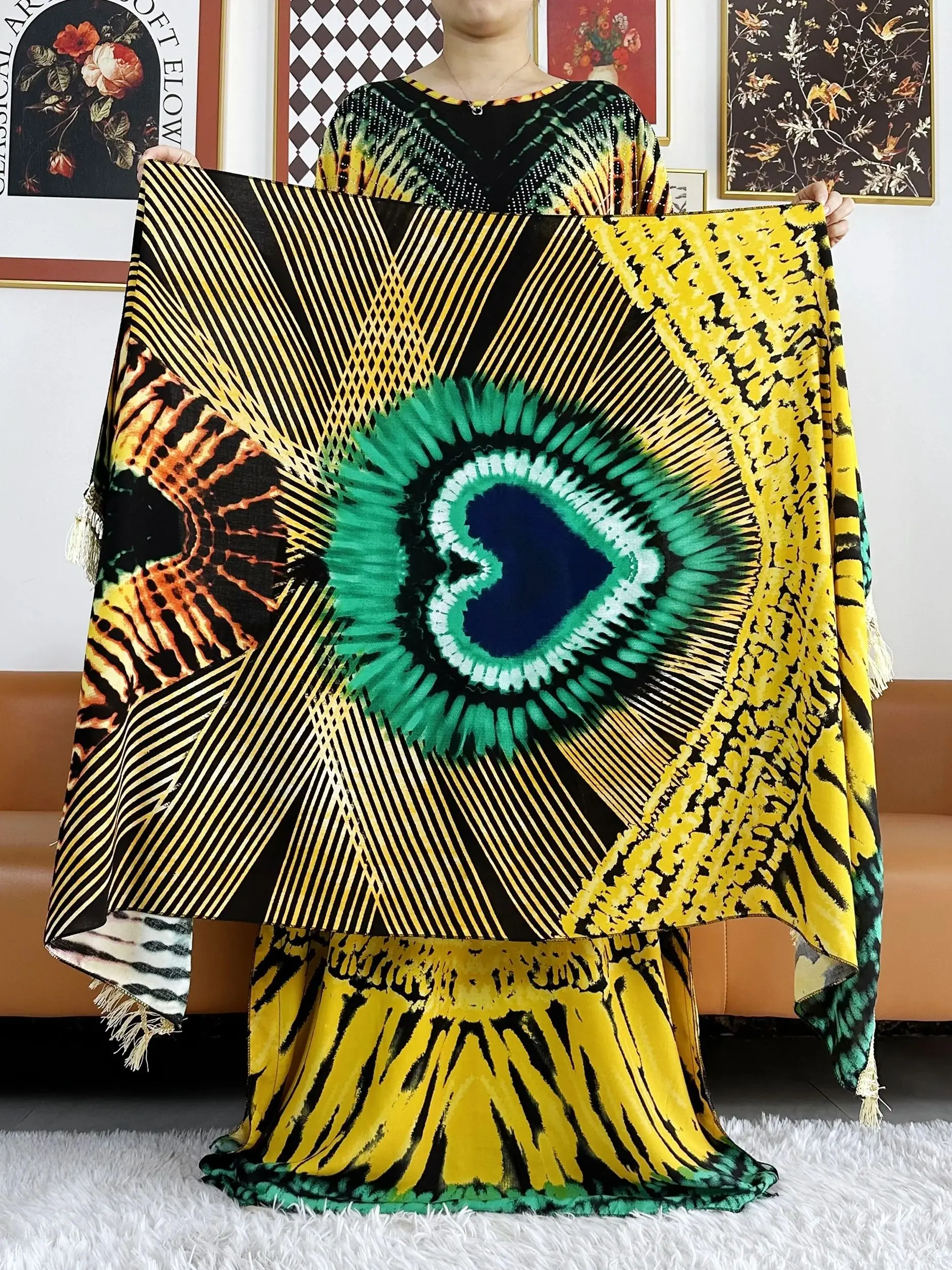 2024 Summer Party Dress Short Sleeve With Big Scarf Printing Floral Loose Boubou Maxi Islam Women African Abaya Clothing