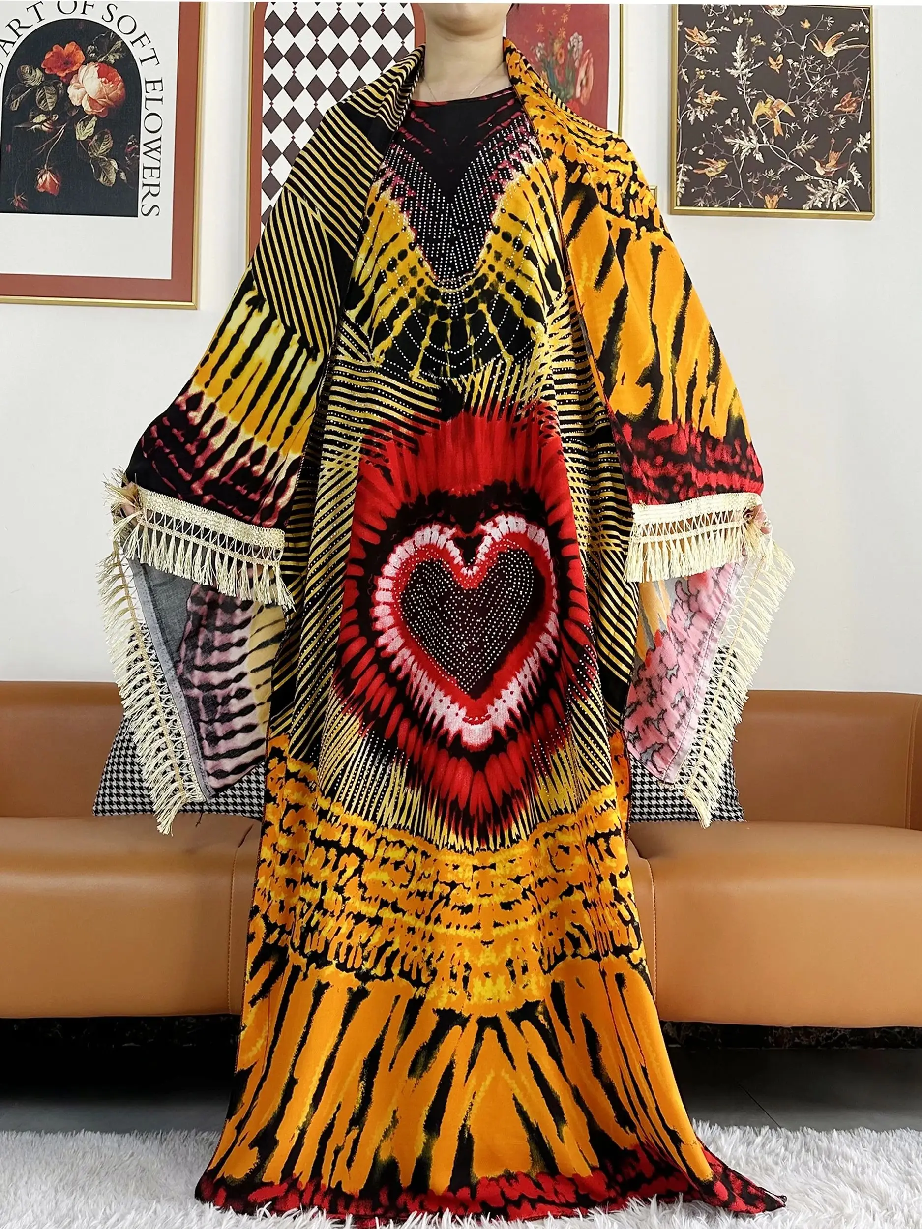 2024 Summer Party Dress Short Sleeve With Big Scarf Printing Floral Loose Boubou Maxi Islam Women African Abaya Clothing