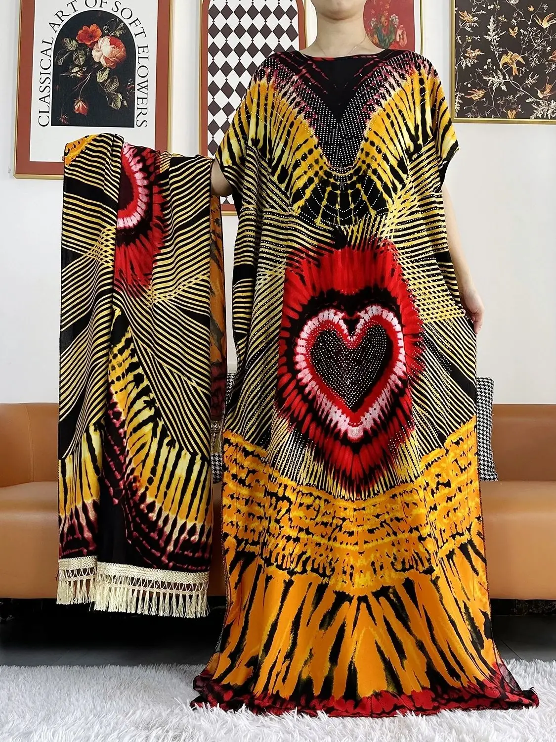 2024 Summer Party Dress Short Sleeve With Big Scarf Printing Floral Loose Boubou Maxi Islam Women African Abaya Clothing