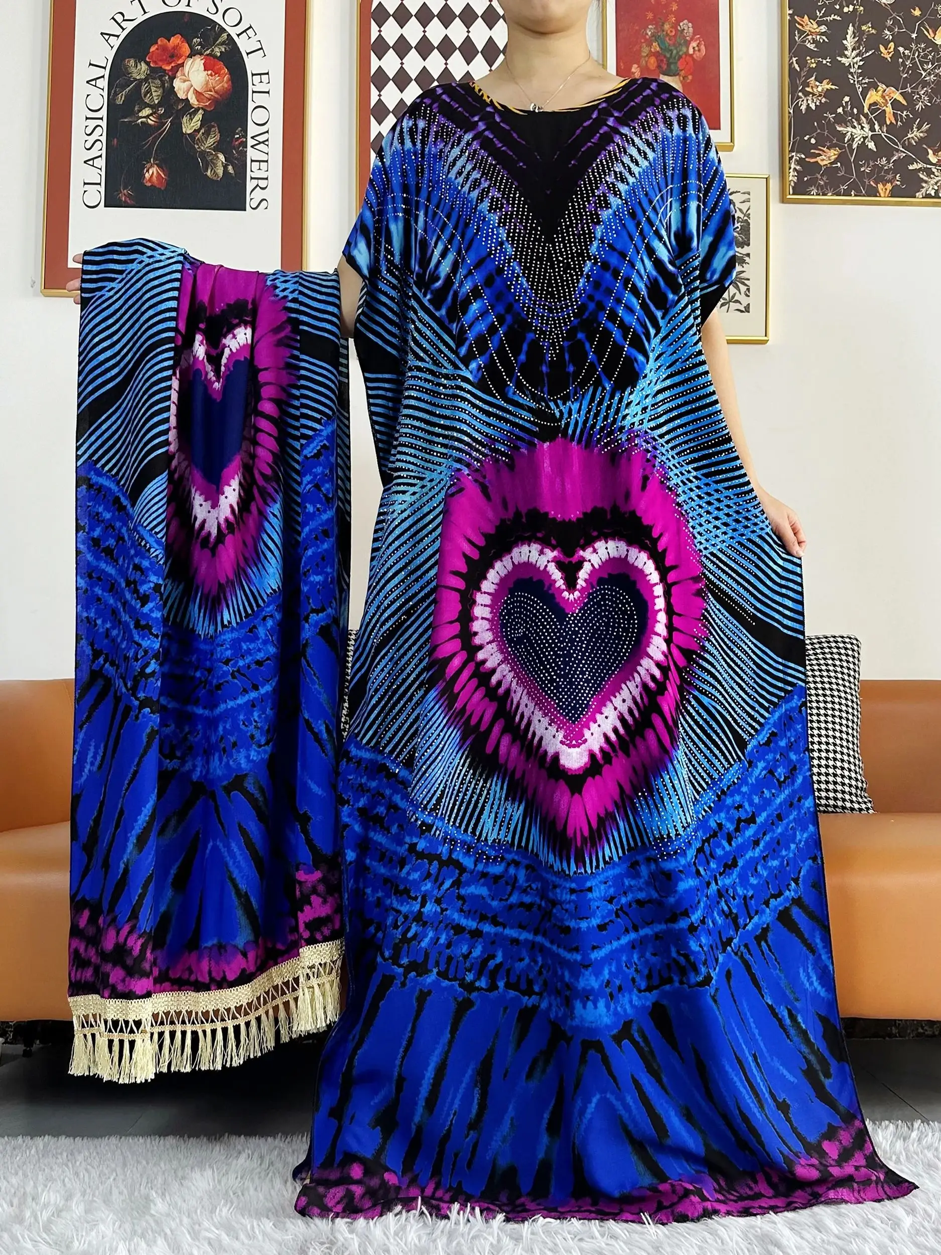 2024 Summer Party Dress Short Sleeve With Big Scarf Printing Floral Loose Boubou Maxi Islam Women African Abaya Clothing