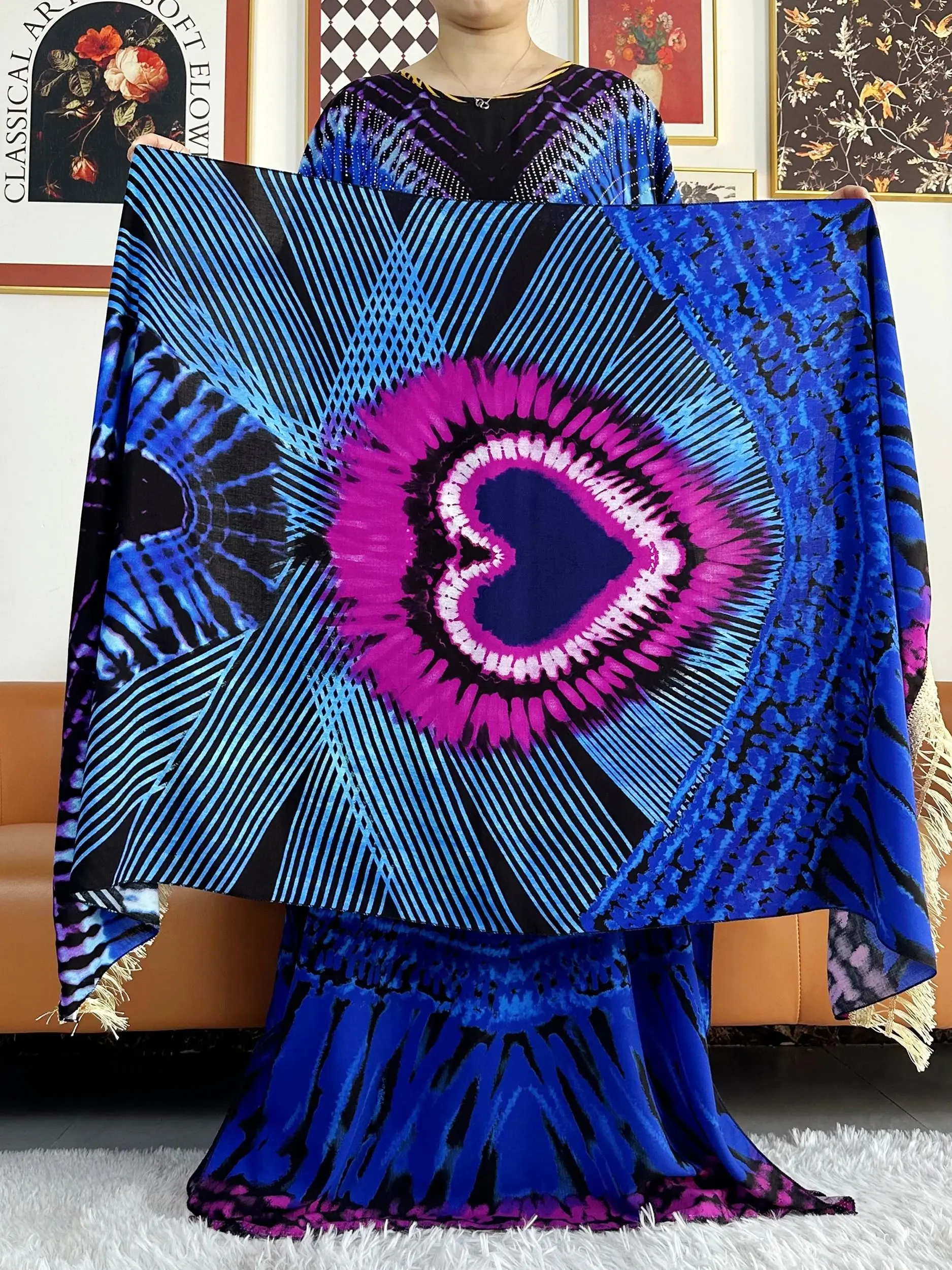 2024 Summer Party Dress Short Sleeve With Big Scarf Printing Floral Loose Boubou Maxi Islam Women African Abaya Clothing