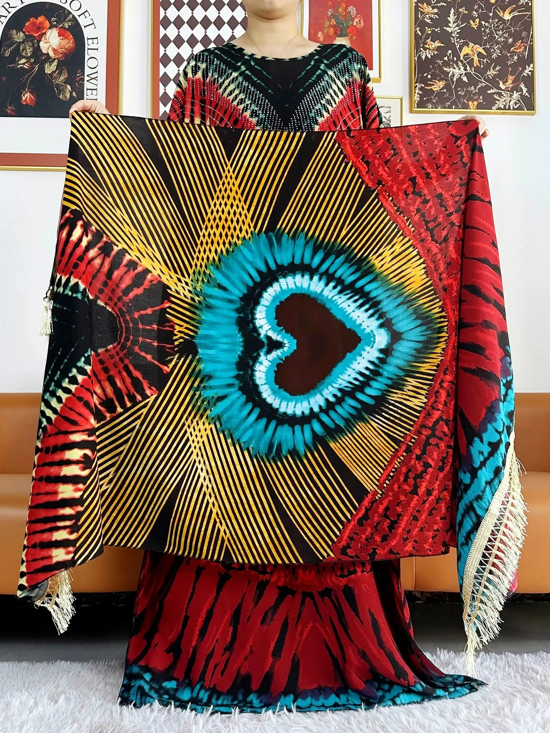 2024 Summer Party Dress Short Sleeve With Big Scarf Printing Floral Loose Boubou Maxi Islam Women African Abaya Clothing