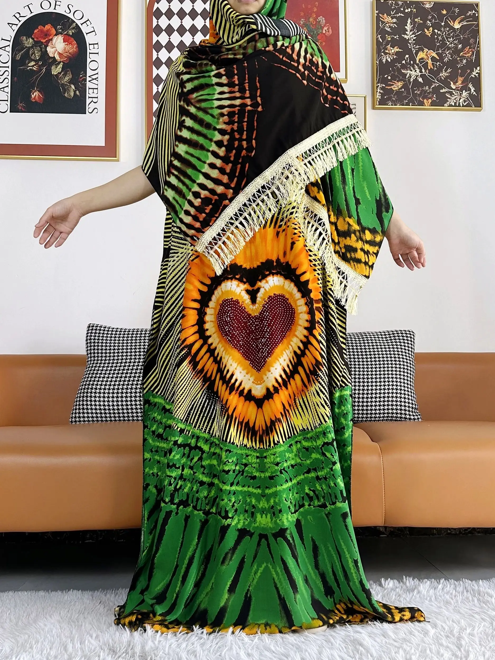 2024 Summer Party Dress Short Sleeve With Big Scarf Printing Floral Loose Boubou Maxi Islam Women African Abaya Clothing
