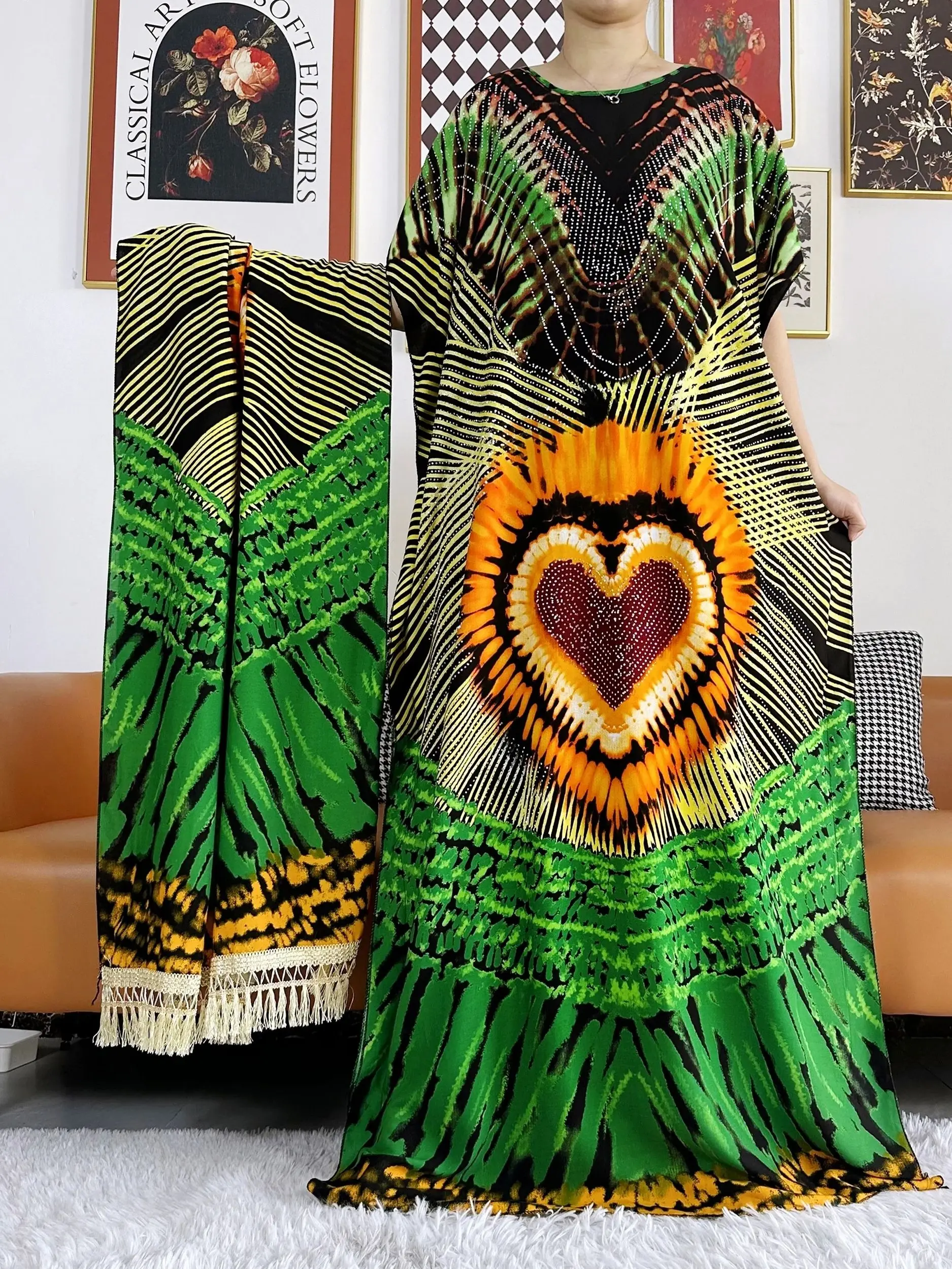 2024 Summer Party Dress Short Sleeve With Big Scarf Printing Floral Loose Boubou Maxi Islam Women African Abaya Clothing