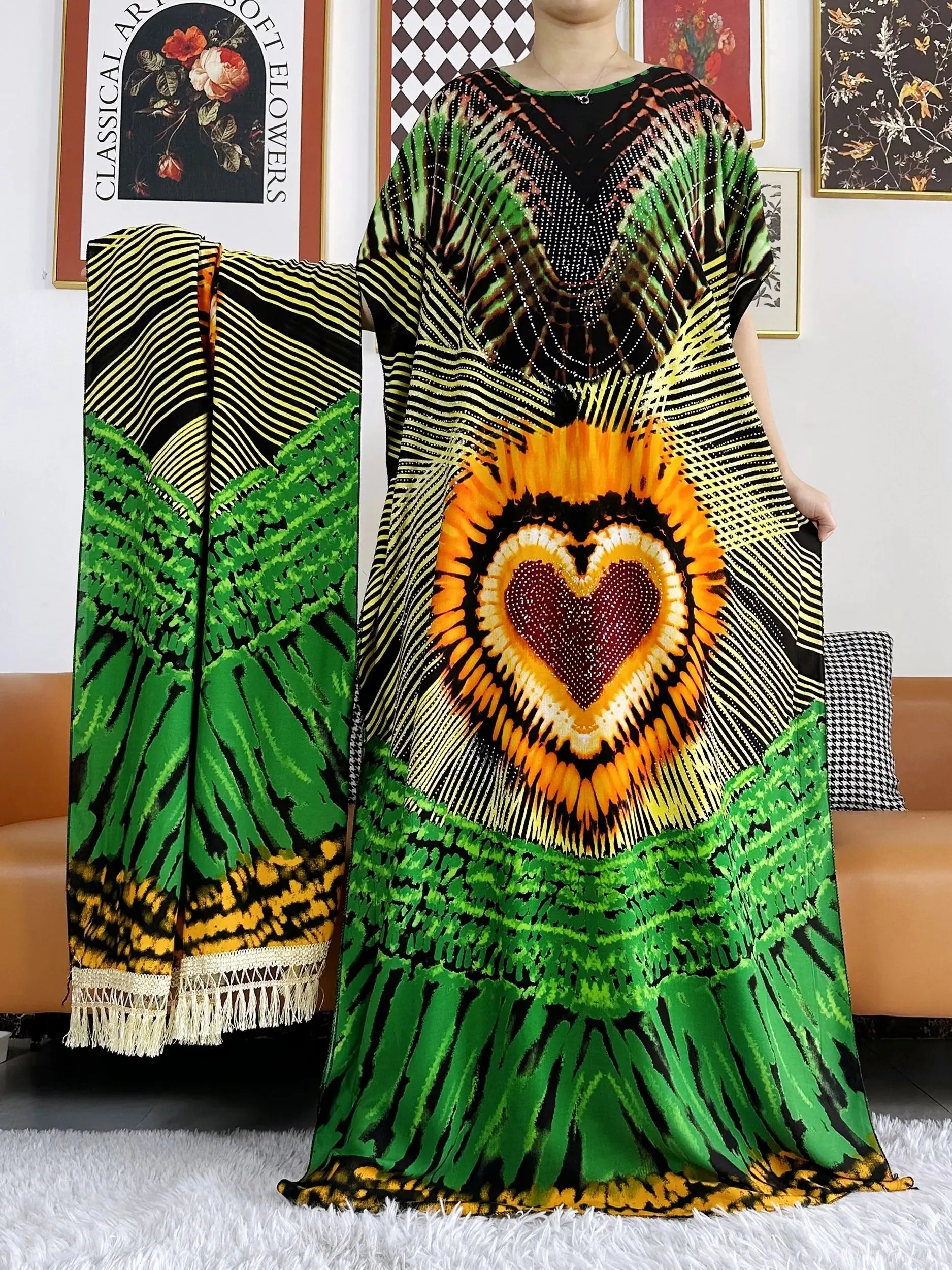 2024 Summer Party Dress Short Sleeve With Big Scarf Printing Floral Loose Boubou Maxi Islam Women African Abaya Clothing