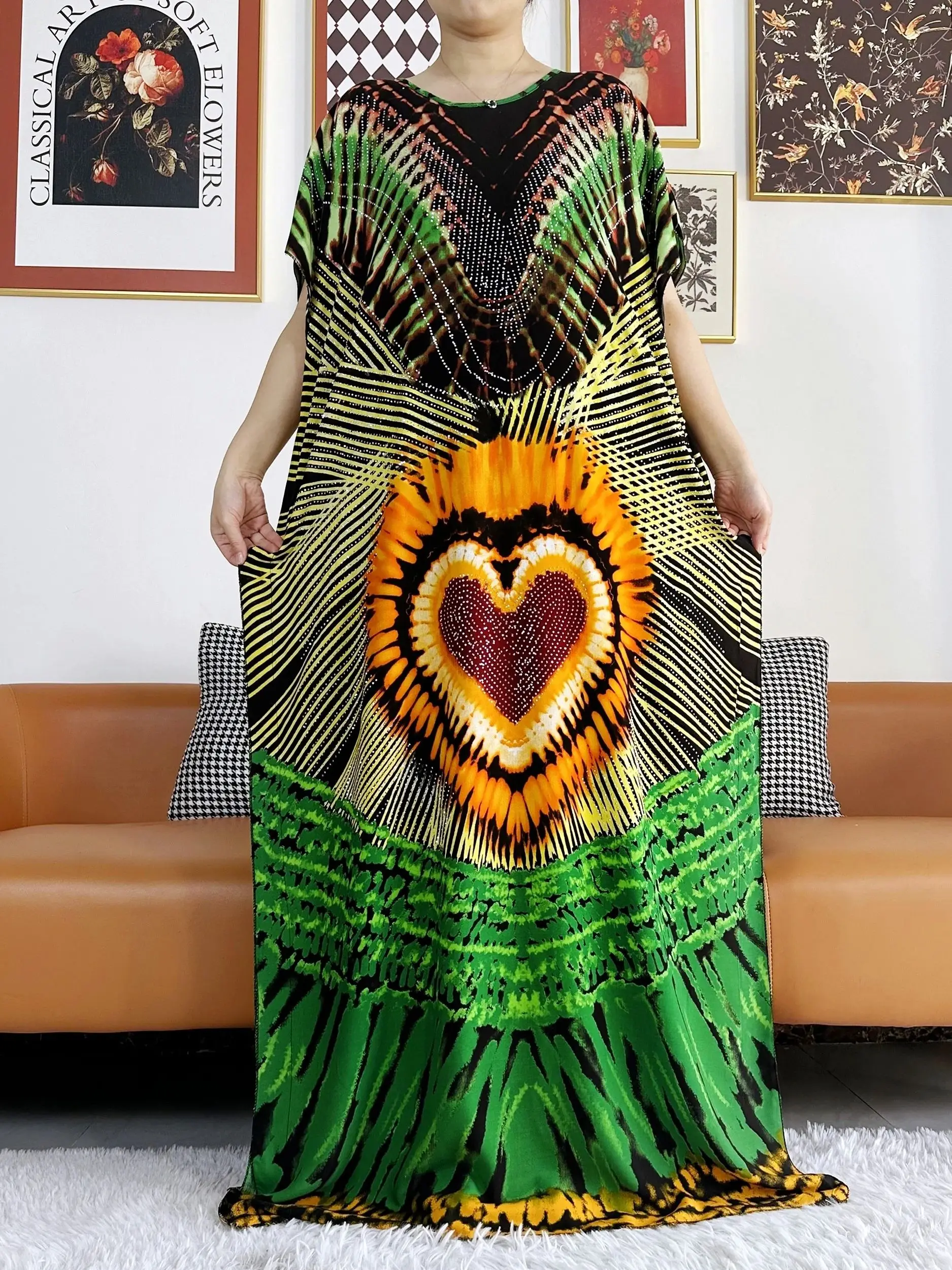 2024 Summer Party Dress Short Sleeve With Big Scarf Printing Floral Loose Boubou Maxi Islam Women African Abaya Clothing