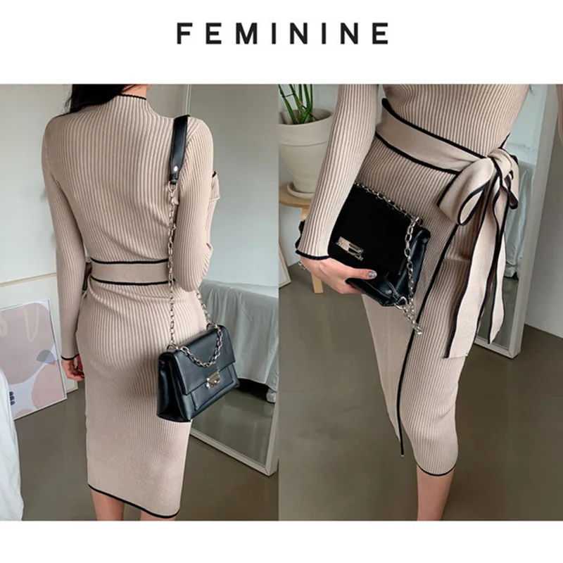 Elegant Knitted Dress Women Fall Winter New Warm Half Turtlenck Off shoulder Long Sleeve Sashes Bow Wrap Hip Sweatrer Robe Femme