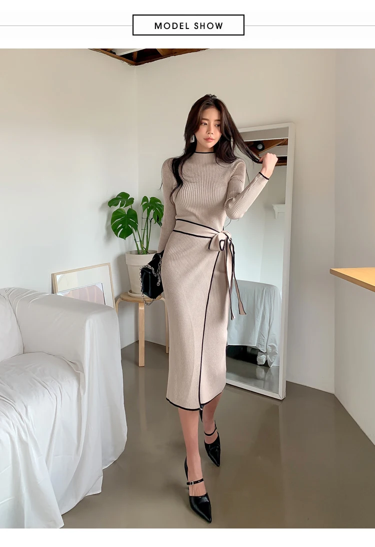 Elegant Knitted Dress Women Fall Winter New Warm Half Turtlenck Off shoulder Long Sleeve Sashes Bow Wrap Hip Sweatrer Robe Femme