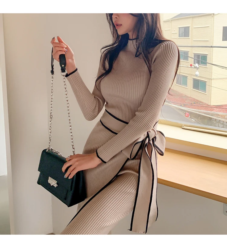 Elegant Knitted Dress Women Fall Winter New Warm Half Turtlenck Off shoulder Long Sleeve Sashes Bow Wrap Hip Sweatrer Robe Femme