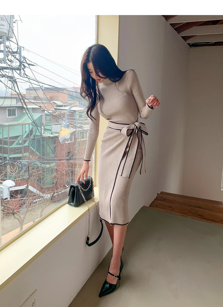 Elegant Knitted Dress Women Fall Winter New Warm Half Turtlenck Off shoulder Long Sleeve Sashes Bow Wrap Hip Sweatrer Robe Femme