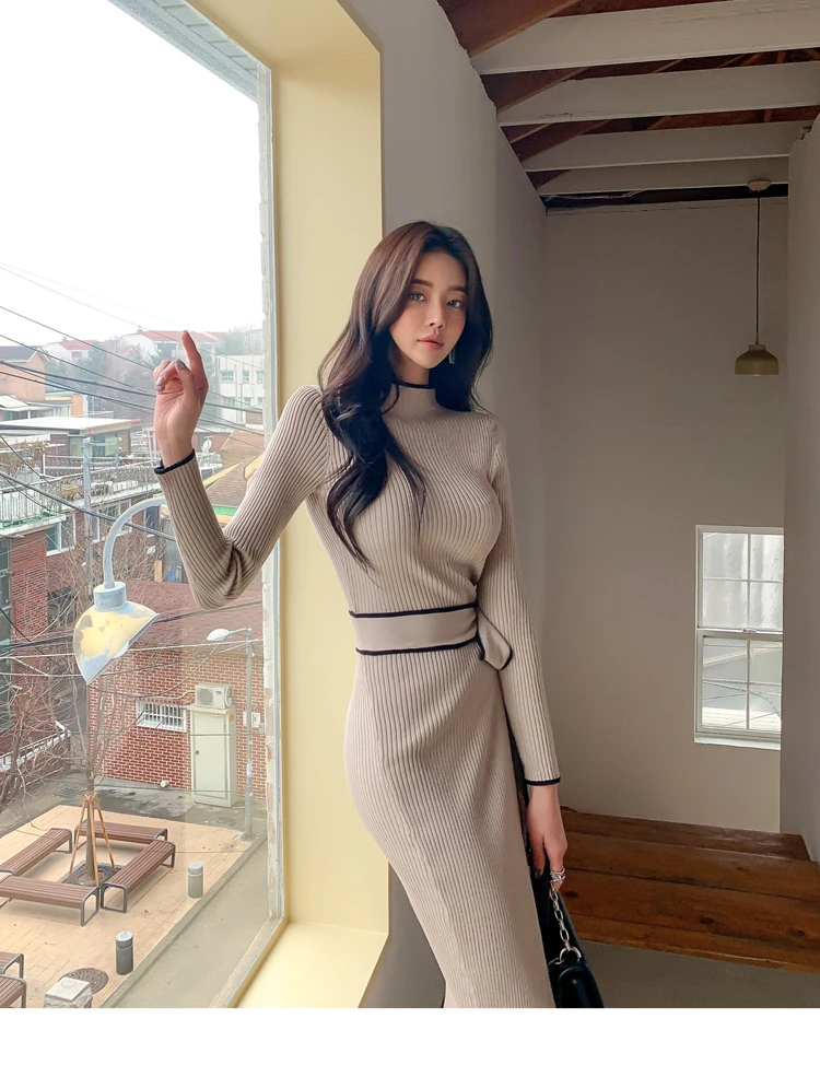 Elegant Knitted Dress Women Fall Winter New Warm Half Turtlenck Off shoulder Long Sleeve Sashes Bow Wrap Hip Sweatrer Robe Femme