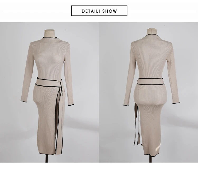 Elegant Knitted Dress Women Fall Winter New Warm Half Turtlenck Off shoulder Long Sleeve Sashes Bow Wrap Hip Sweatrer Robe Femme