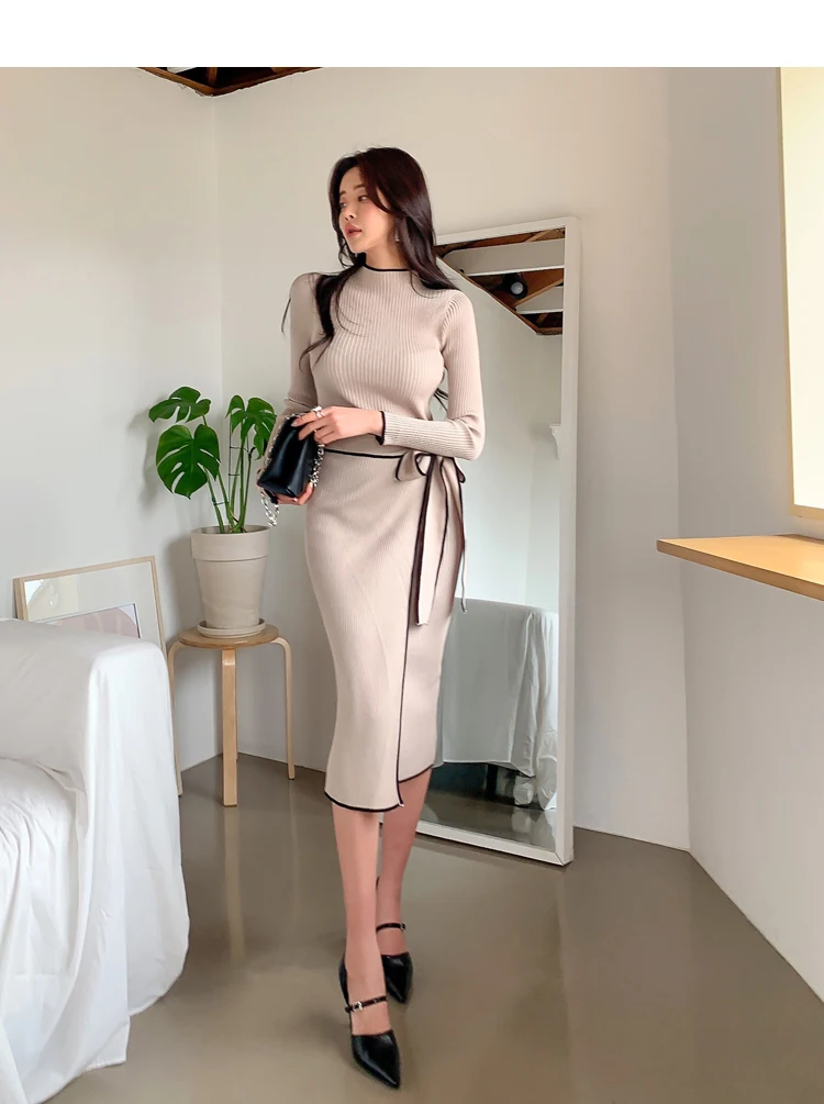Elegant Knitted Dress Women Fall Winter New Warm Half Turtlenck Off shoulder Long Sleeve Sashes Bow Wrap Hip Sweatrer Robe Femme