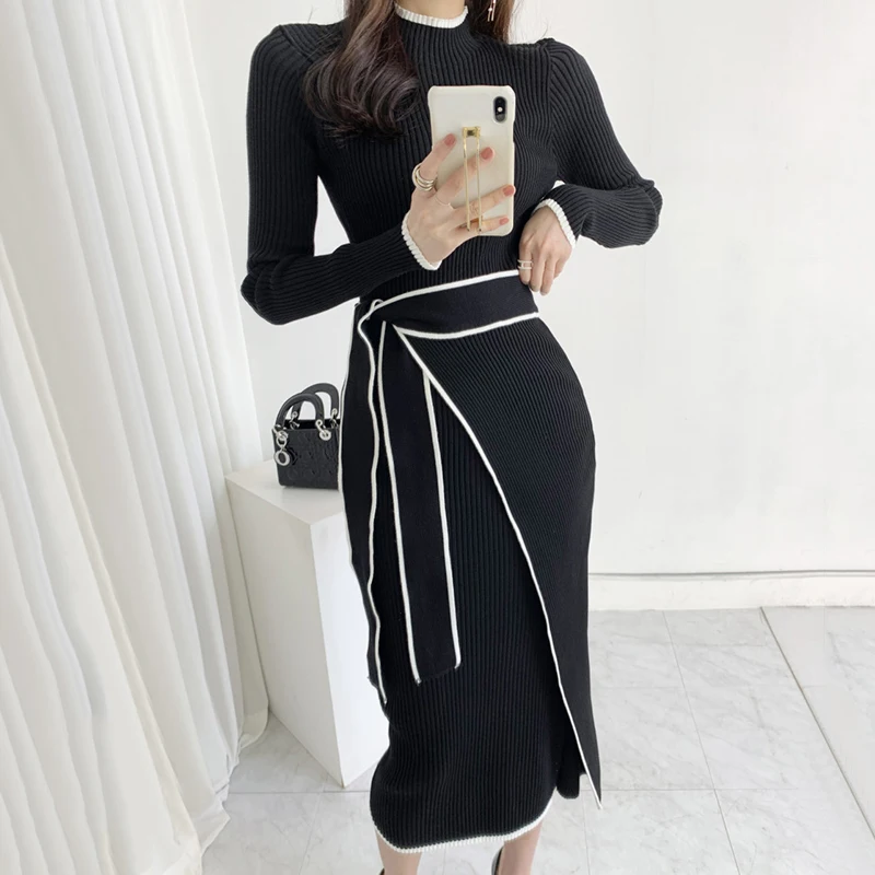 Elegant Knitted Dress Women Fall Winter New Warm Half Turtlenck Off shoulder Long Sleeve Sashes Bow Wrap Hip Sweatrer Robe Femme