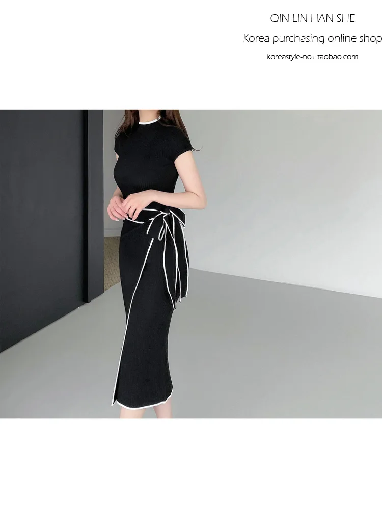 Elegant Knitted Dress Women Fall Winter New Warm Half Turtlenck Off shoulder Long Sleeve Sashes Bow Wrap Hip Sweatrer Robe Femme