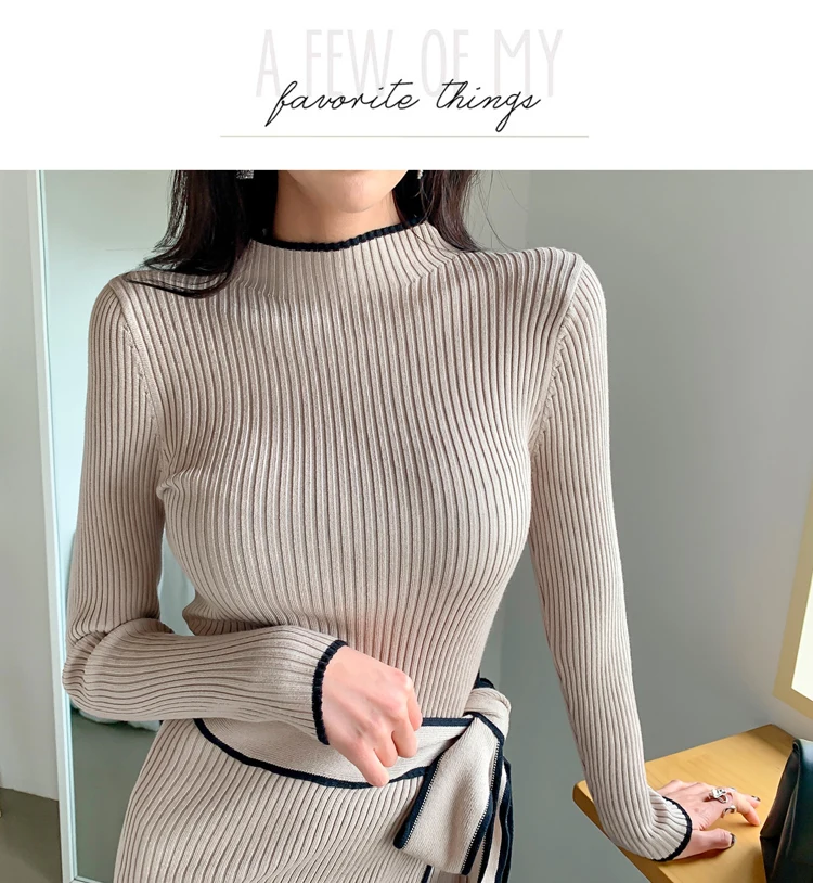 Elegant Knitted Dress Women Fall Winter New Warm Half Turtlenck Off shoulder Long Sleeve Sashes Bow Wrap Hip Sweatrer Robe Femme