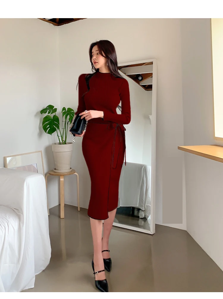 Elegant Knitted Dress Women Fall Winter New Warm Half Turtlenck Off shoulder Long Sleeve Sashes Bow Wrap Hip Sweatrer Robe Femme