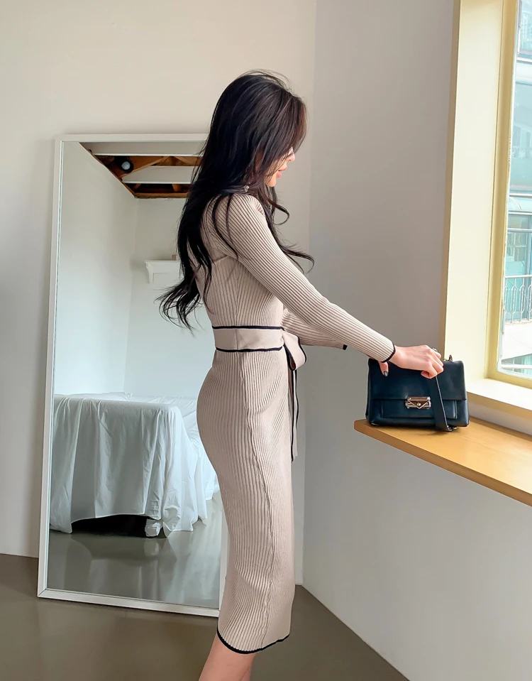 Elegant Knitted Dress Women Fall Winter New Warm Half Turtlenck Off shoulder Long Sleeve Sashes Bow Wrap Hip Sweatrer Robe Femme