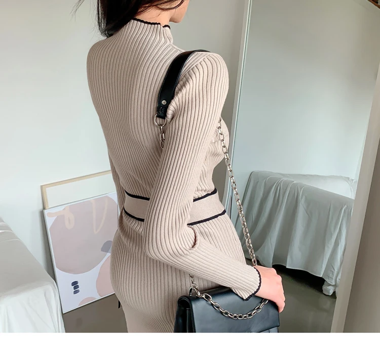 Elegant Knitted Dress Women Fall Winter New Warm Half Turtlenck Off shoulder Long Sleeve Sashes Bow Wrap Hip Sweatrer Robe Femme
