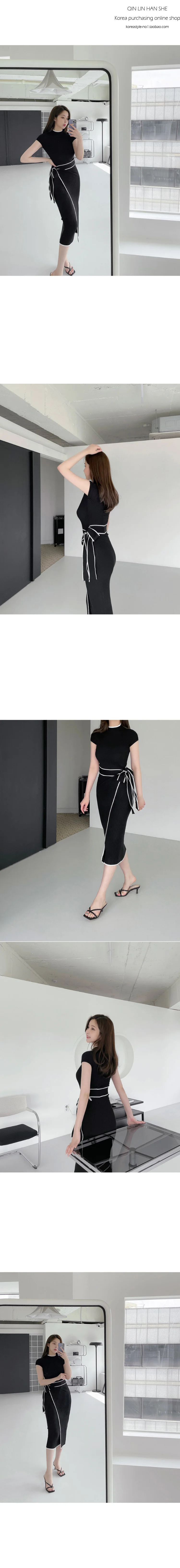 Elegant Knitted Dress Women Fall Winter New Warm Half Turtlenck Off shoulder Long Sleeve Sashes Bow Wrap Hip Sweatrer Robe Femme
