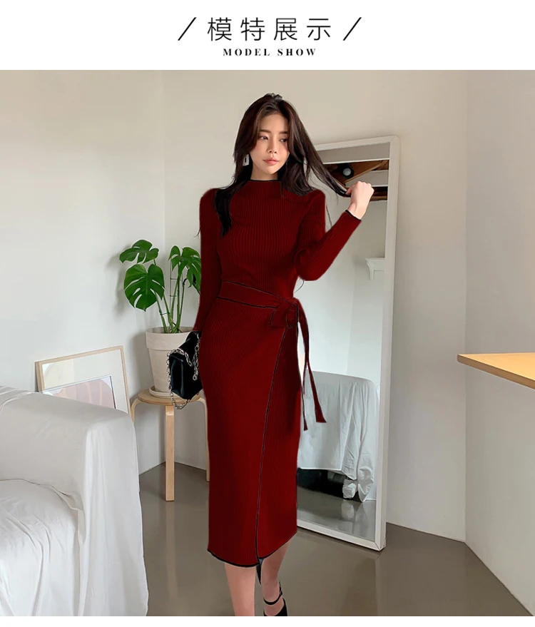 Elegant Knitted Dress Women Fall Winter New Warm Half Turtlenck Off shoulder Long Sleeve Sashes Bow Wrap Hip Sweatrer Robe Femme