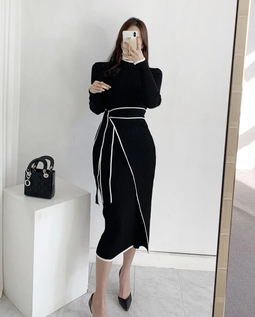 Elegant Knitted Dress Women Fall Winter New Warm Half Turtlenck Off shoulder Long Sleeve Sashes Bow Wrap Hip Sweatrer Robe Femme