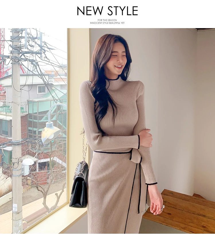 Elegant Knitted Dress Women Fall Winter New Warm Half Turtlenck Off shoulder Long Sleeve Sashes Bow Wrap Hip Sweatrer Robe Femme