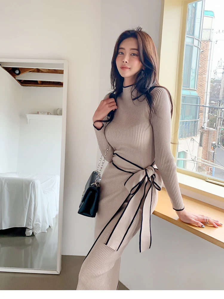 Elegant Knitted Dress Women Fall Winter New Warm Half Turtlenck Off shoulder Long Sleeve Sashes Bow Wrap Hip Sweatrer Robe Femme