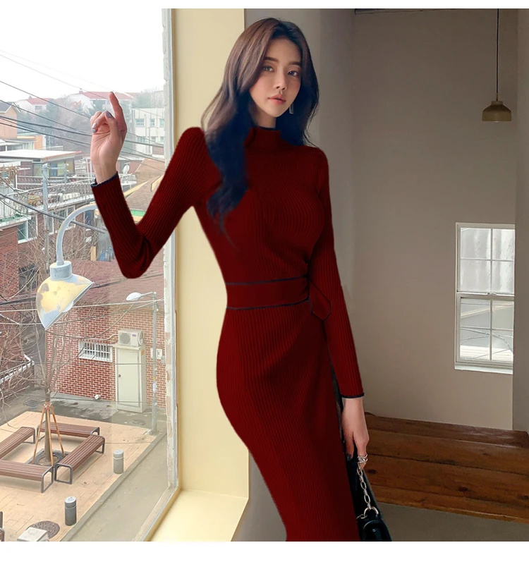 Elegant Knitted Dress Women Fall Winter New Warm Half Turtlenck Off shoulder Long Sleeve Sashes Bow Wrap Hip Sweatrer Robe Femme
