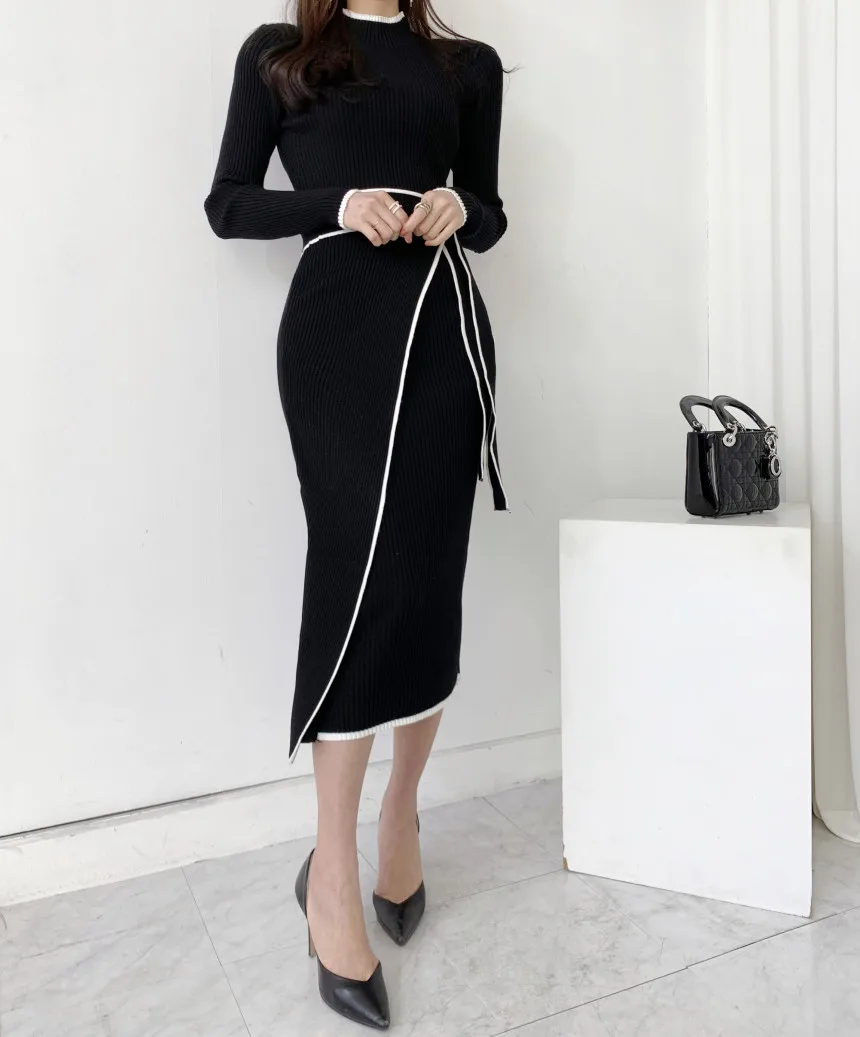 Elegant Knitted Dress Women Fall Winter New Warm Half Turtlenck Off shoulder Long Sleeve Sashes Bow Wrap Hip Sweatrer Robe Femme