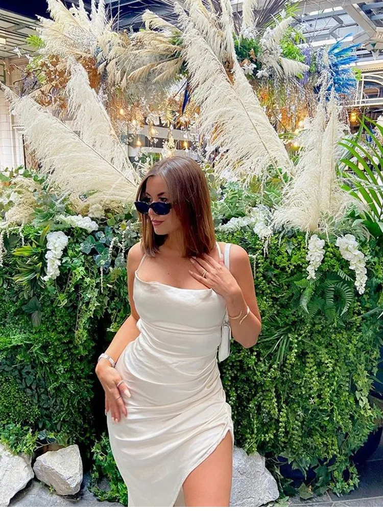 NewAsia Satin Dress Spaghetti Strap Tie up Cowl Neck Backless Split Slim Fit Asymmetrical Maxi Dress Sexy Dresses for Women 2021