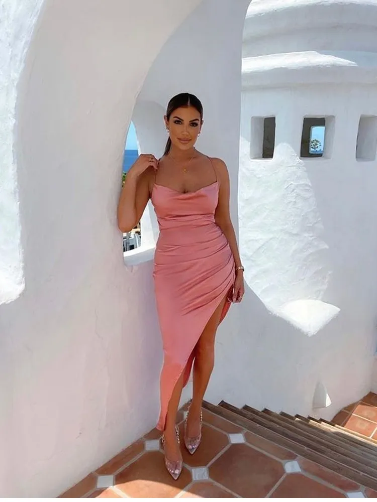 NewAsia Satin Dress Spaghetti Strap Tie up Cowl Neck Backless Split Slim Fit Asymmetrical Maxi Dress Sexy Dresses for Women 2021
